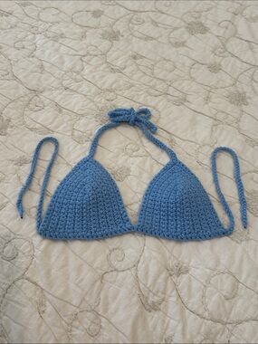 Handmade knitted bikini top in sky blue